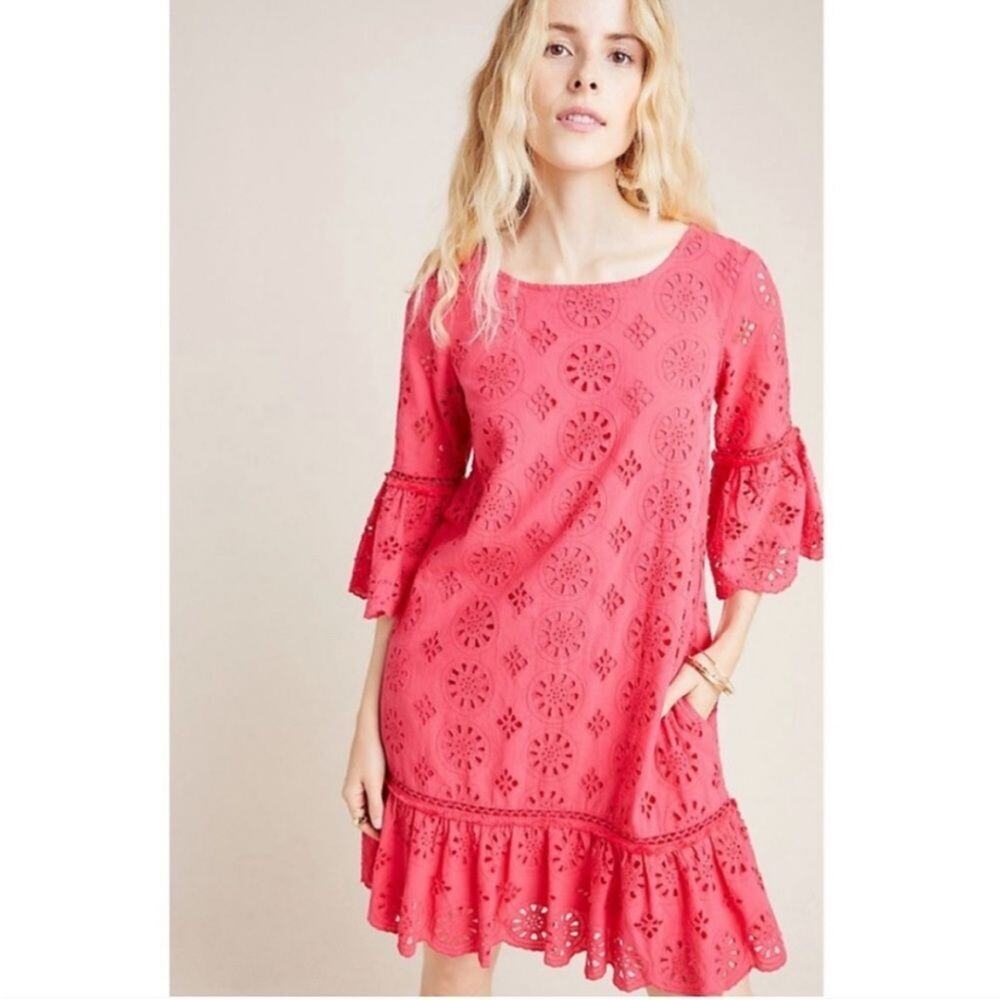 Anthropologie Pink Short Sleeve Dani Lace Eyelet Tunic Dress, Size 6